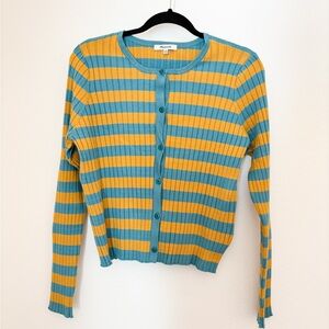 Madewell Ribbed Crewneck Striped Cardigan Sweater in Teal and Mustard Size XXL